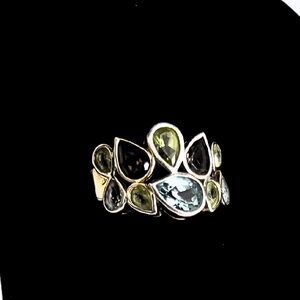 Multi-Stone Silver Ring with Teardrop Aquamarine, Peridot and Smoky Quartz